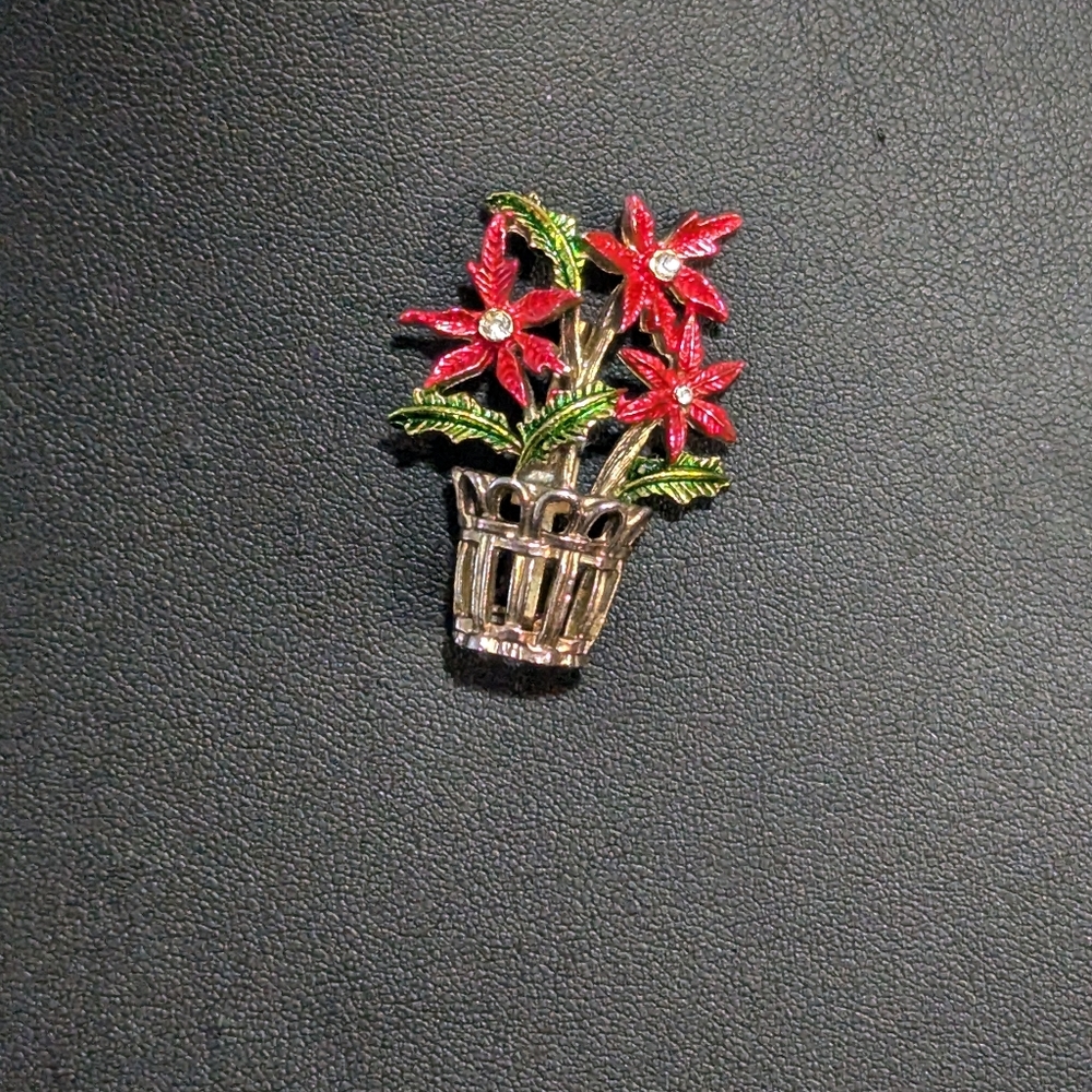 Coro Floral Basket Brooch - Red and Green. Gold Tone. Poinsettia. Christmas. EUC